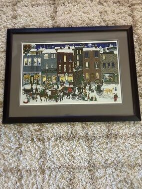 Framed Winter Village Street Scene Print - Multicolor